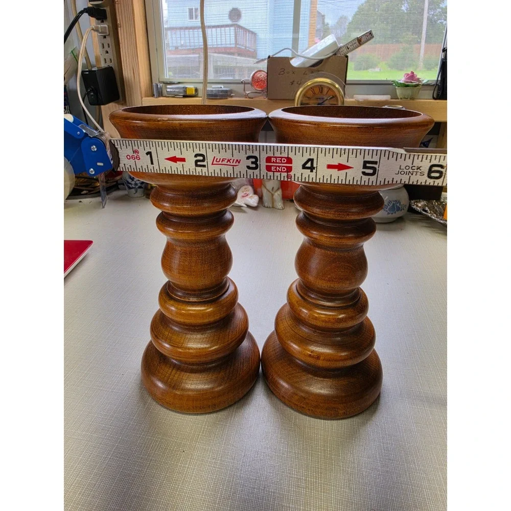 Vintage Wood Pillar Candle Holders Set of 2 Spindle Turned Farmhouse Decor 7.5in